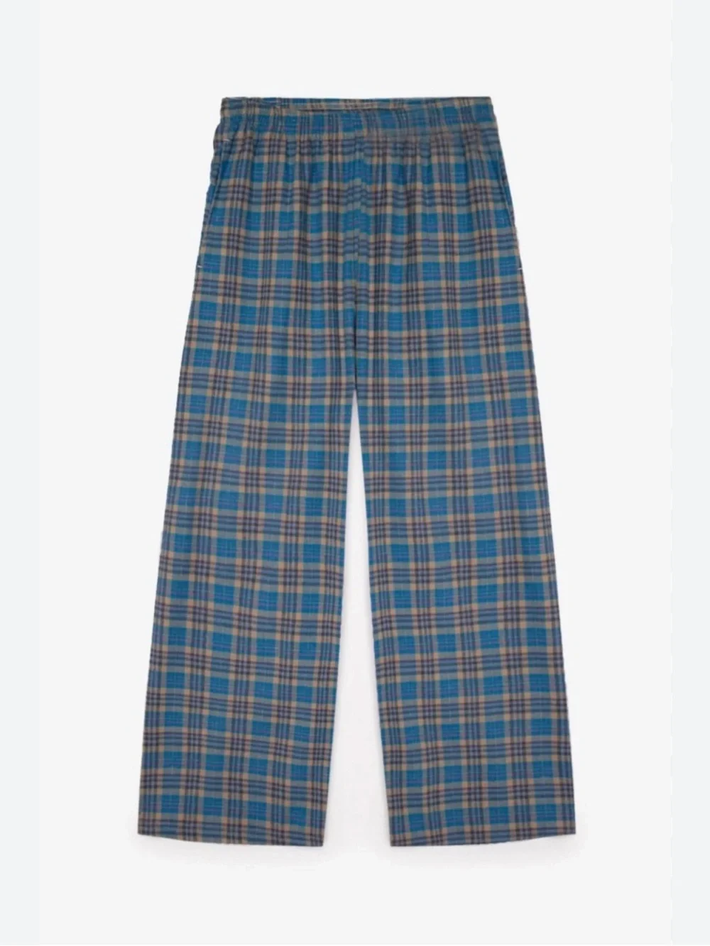 Wide-Leg Plaid Joggers in Blue and Tan